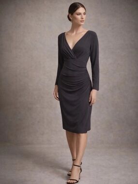 Lauren Ralph Lauren Ruched Surplice Jersey Dress in Charcoal Grey Size 8